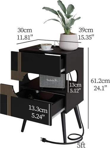 Miniatura 2 de JOONEE Mesita de noche negra con estación de carga y luces LED, moderna mesita de noche con 2 cajones de almacenamiento, mesita de noche con patas