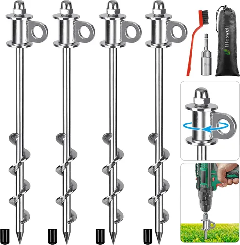 Miniatura 10 de Paquete de 4 estacas para tienda, anclajes de tierra resistentes de 16 pulgadas, soldadura completa, fáciles de atornillar y reutilizables, para E.
