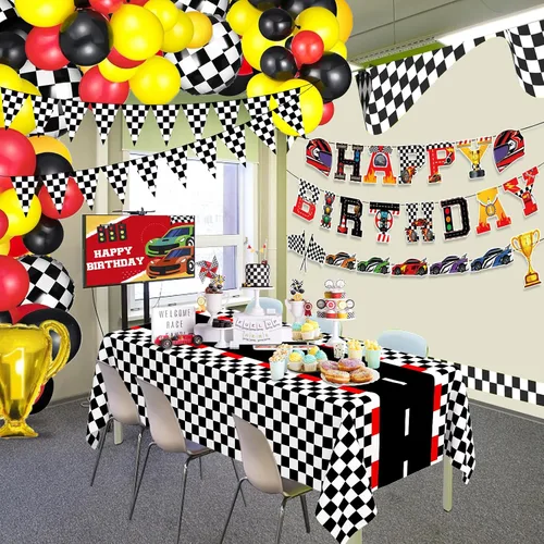 Miniatura 3 de WNINK Manteles con temática de auto de carreras, cartel de feliz cumpleaños, mantel rectangular de carreras, kit de decoración de fiesta de auto
