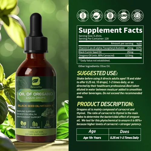 Miniatura 6 de Gotas de aceite de orégano, aceite de orégano con aceite de semilla negra, vitamina E, suplemento de orégano Carvacrol 80% mezcla de hierbas