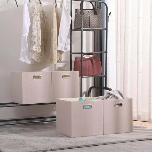 Miniatura 7 de Contenedores de Almacenamiento Cúbicos 13×13 Lino Caja Plegable con Asas, Conjunto de Cesta de Organización Plegable de 4 Gran Capacidad para Beige