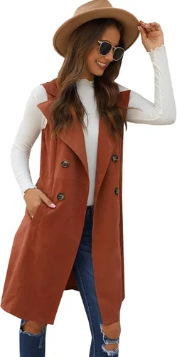 Miniatura 5 de GORGLITTER Chaleco largo sin mangas con frente abierto para mujer, chaquetas con cuello, cárdigans de línea larga