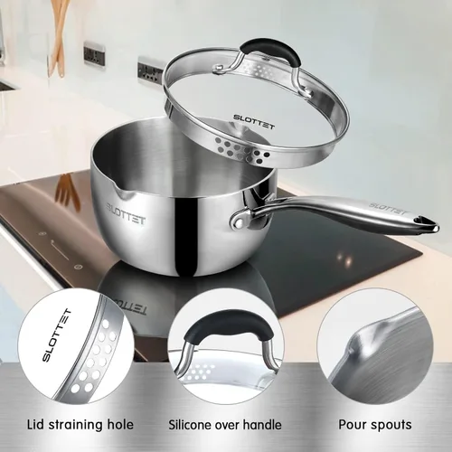 Miniatura 3 de SLOTTET - Cacerola de acero inoxidable tricapa enteramente recubierta con boquilla de vertido, olla pequeña multiusos de 1.5 cuartos con colador