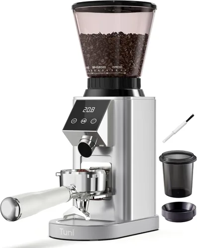 Tuni G1 Molinillo de café con fresas cónicas, 48 ajustes de molienda, molino de fresas antiestático, temporizador electrónico de precisión y Plateado