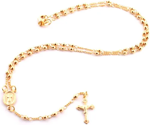 Miniatura 4 de Collar con colgante de oro superpuesto de 18 pulgadas - Rosario religioso. Jesús en la cruz y brazos abiertos y Virgen María. Colgante de cruz
