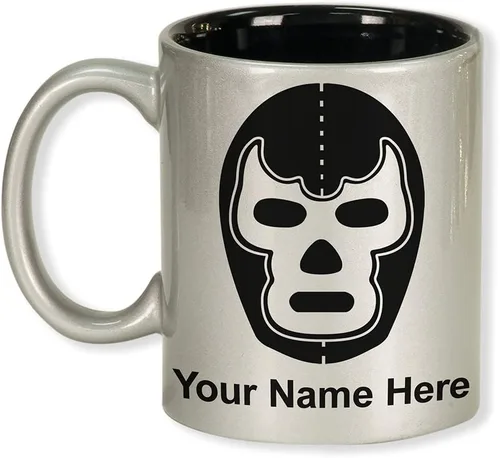 Miniatura 11 de LaserGram Taza de café redonda de cerámica de 11 oz, máscara de Luchador, grabado personalizado incluido (negro)