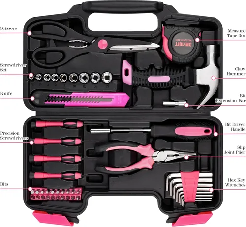 Miniatura 7 de Juego de herramientas, mini kit de herramientas, 49 piezas para el hogar, color rosa, pequeño, básico para el hogar, juego de herramientas con caja