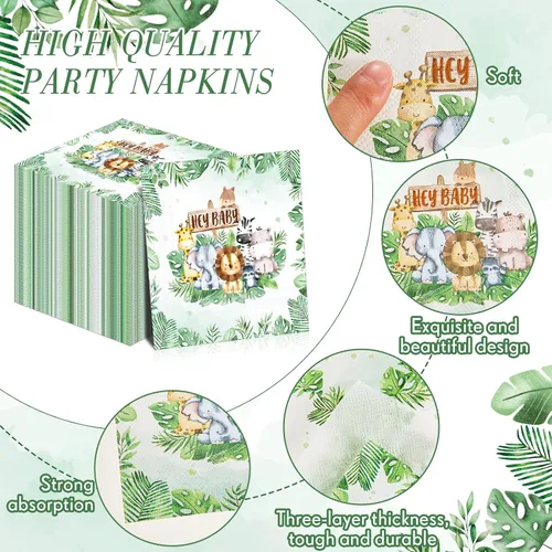 Miniatura 4 de Yeaqee 100 servilletas de baby shower de safari de la selva, servilletas de papel verde salvia, servilletas desechables de 3 capas de vegetación