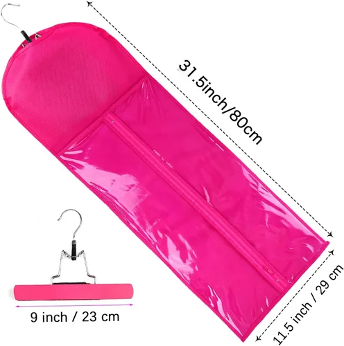 Miniatura 2 de 3 piezas de bolsa de almacenamiento extralarga para pelucas con colgador de madera, bolsa de almacenamiento para extensiones de cabello con Rosa Hot