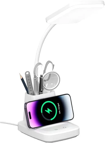 Miniatura 8 de Lámpara de escritorio con cargador inalámbrico, lámparas de escritorio LED para oficina en casa con soporte para bolígrafo, 800 lm, 3 modos