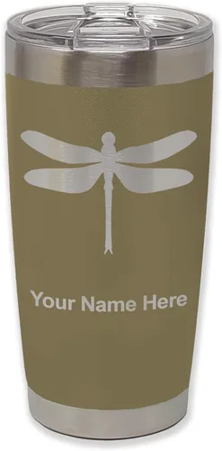 Miniatura 20 de LaserGram Vaso aislado al vacío de 20 onzas, libélula, grabado personalizado incluido (negro)