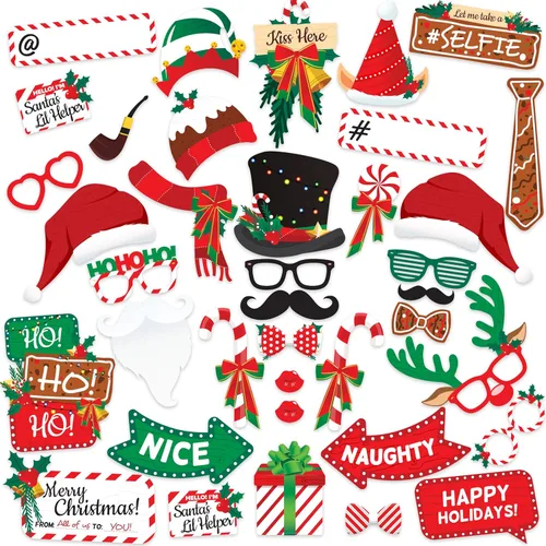 Juego de 38 piezas de accesorios para cabina de fotos de Navidad, decoraciones de fiesta de Navidad, recuerdos de fiesta, juegos y suministros para