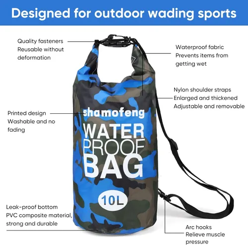 Miniatura 4 de Bolsa seca impermeable de 5L/10L/15L/20L/30L Mochila de almacenamiento en seco con funda para teléfono, botella de agua plegable, gafas de sol, Azul