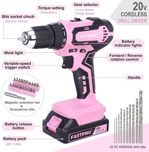 Miniatura 8 de FASTPRO 232 piezas 20 V Rosa inalámbrico Taladro de iones de litio y juego de herramientas para el hogar, kit de herramientas de reparación