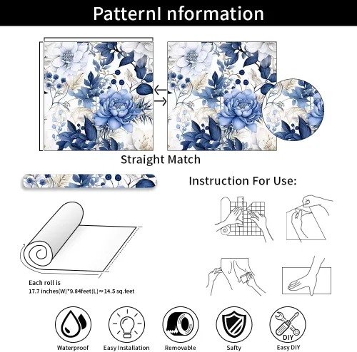 Miniatura 7 de Booming Peony - Papel tapiz floral de peonía para despegar y pegar - Papel tapiz autoadhesivo removible de hojas azul/blanco - Mural decorativo