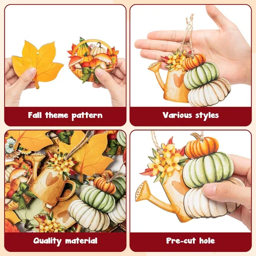 Miniatura 3 de Haooryx Adorno colgante de madera de acuarela de otoño, 46 piezas de calabaza de otoño, hojas de arce, flores de madera, colgante decorativo