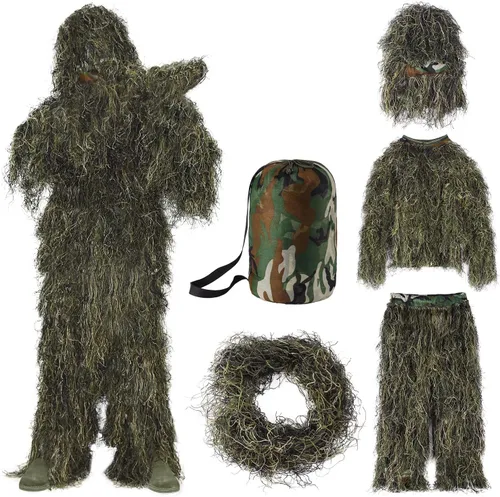 Miniatura 9 de Seeutek Traje Ghillie 5 en 1 – Trajes de caza de camuflaje 3D – chaqueta, pantalones, capucha, bolsa de transporte para adultos y jóvenes, M/L