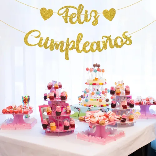 Miniatura 8 de WeBenison Cartel de Feliz Cumpleaños con temática de fiesta de feliz cumpleaños/decoraciones de fiesta de cumpleaños en español, purpurina dorada