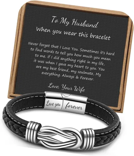 Miniatura 13 de Pulseras de nudo JoycuFF Regalos para hombres Marrón cuero trenzado acero inoxidable pulseras de infinito con inscripción Amor eterno Regalos