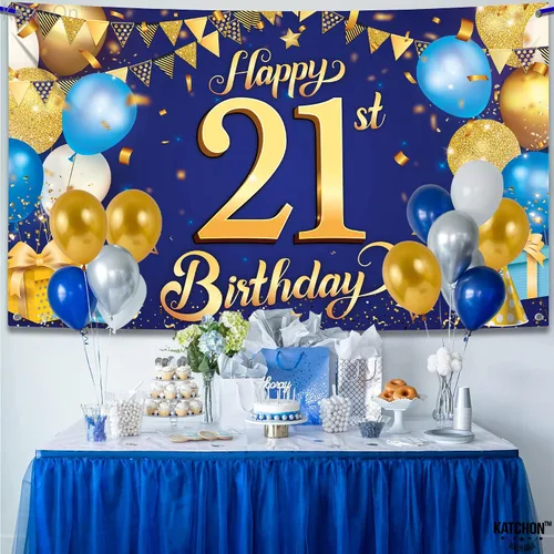 Miniatura 6 de KatchOn, Cartel de feliz cumpleaños número 21 azul y dorado – XL, 72 x 44 pulgadas Cartel azul y dorado para decoraciones de cumpleaños 21