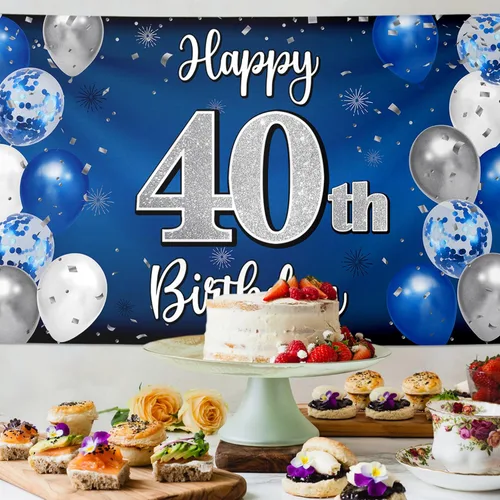 Miniatura 4 de Decoraciones de Feliz Cumpleaños 40, Globo Azul y Plateado 40 Pancarta Grande de Fondo Letrero de Cumpleaños, Salud por Cuarenta Años Suministros 40º