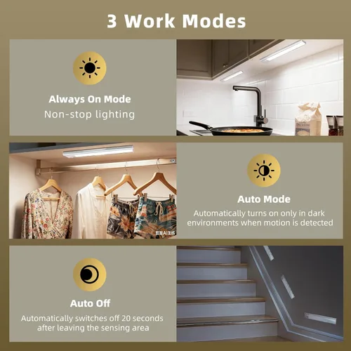 Miniatura 6 de Paquete de 4 luces para debajo del gabinete, luz recargable con sensor de movimiento para interiores, luces magnéticas inalámbricas regulables, 32