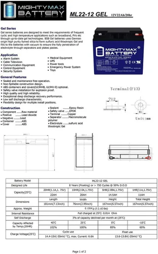 Miniatura 7 de Mighty Max Battery Reemplazo de batería de gel de 12V 22AH para E-Wheels EW-36-4 Pack