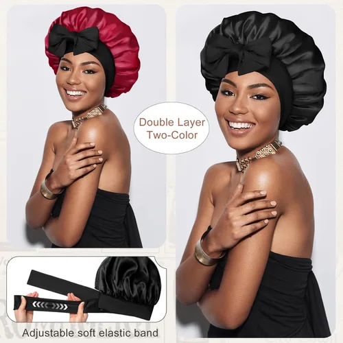 Miniatura 2 de Gorro de satén de seda para dormir, gorro de seda de doble capa con banda elástica para cabello rizado Negro + rojo