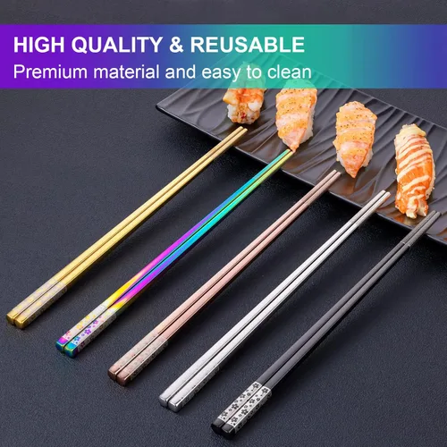 Miniatura 4 de FOFAYU Palillos de metal reutilizables, 5 pares de palillos de acero inoxidable multicolor, aptos para lavavajillas, cuadrados, ligeros