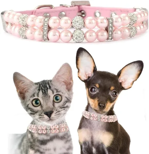 Miniatura 9 de Collares de perlas para perros pequeños, collar de gato con diamantes de imitación, bonitos collares de cristal para cachorros, hembras pequeñas