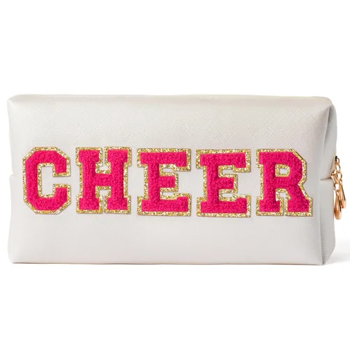 Miniatura 12 de Y1tvei Preppy Patch BATH Letter - Neceser de cuero PU para cosméticos, bolsa de maquillaje portátil cosida con parches de letras universitarias