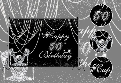 Miniatura 3 de Telones de fondo de 50 cumpleaños para mujer, color negro y plateado, cortina de perlas de 5 x 3 pies, pantuflas de diamante plateado con diamantes