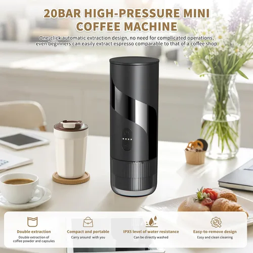 Miniatura 2 de Cafetera portátil recargable de viaje con USB-C, 20 bar, cafetera eléctrica para acampar y viajar, cafetera de coche 3 en 1, compatible con café