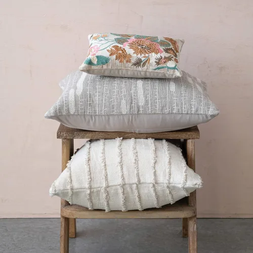 Miniatura 2 de Creative Co-Op Funda de almohada lumbar de algodón con bordado, gris y crema