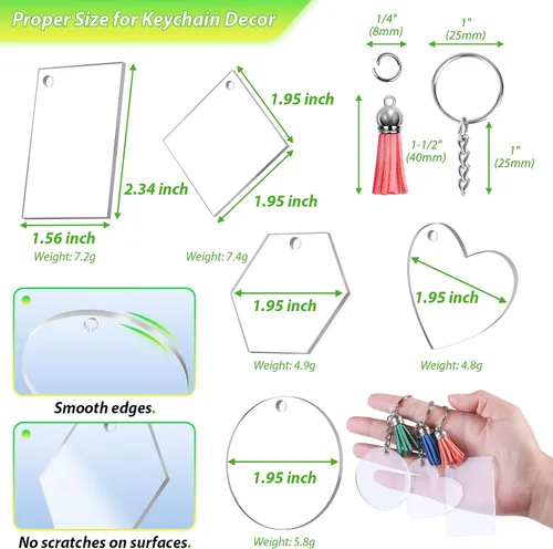 Miniatura 3 de Cruzix 200 llaveros en blanco para vinilo, llaveros de acrílico a granel con 5 formas de disco acrílico transparente, borlas, llaveros
