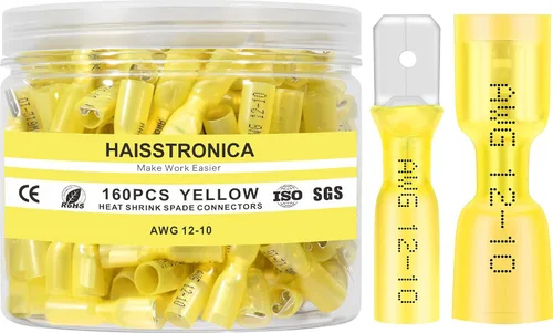 Miniatura 14 de haisstronica 150 piezas de conectores de pala hembra termorretráctiles amarillos, kit de terminales termorretráctiles hembra de pala calibre AWG
