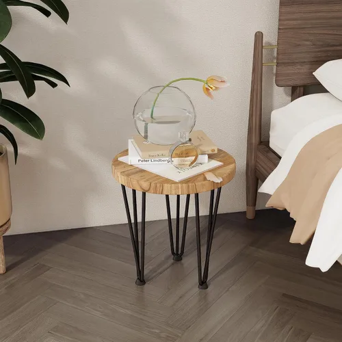 Miniatura 4 de Fun Memories Mesa auxiliar redonda – Mesa anidable de madera de olmo con patas de metal y base antideslizante – Mesas auxiliares rústicas anidables