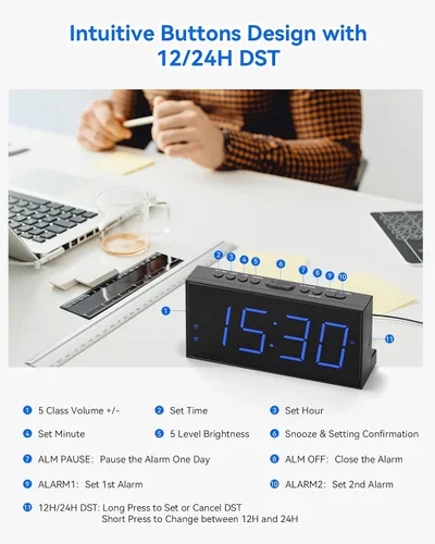 Miniatura 8 de Reloj despertador digital, reloj de alarma dual ruidoso para dormitorio, pantalla grande electrónica de 7.5 pulgadas con atenuador, cargador USB