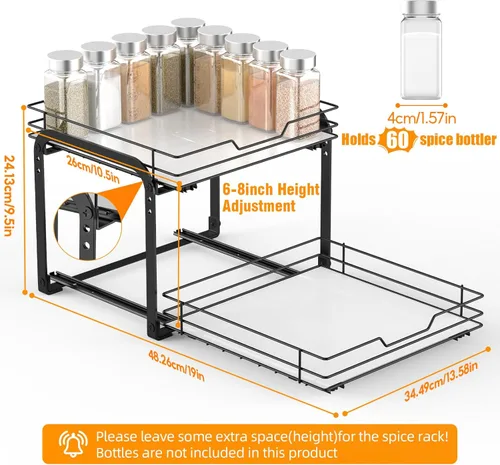 Miniatura 2 de Organizador de especias para gabinete, estante de especias vertical extraíble de 2 niveles, organización de especias de metal resistente
