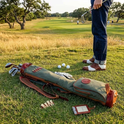Miniatura 9 de Tourbon Bolsas de transporte vintage para palos de golf - Lona y cuero