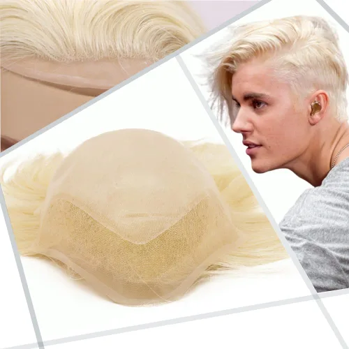 Miniatura 10 de Toupee - Peluca de cabello humano europeo con encaje frontal suizo y línea capilar natural para hombre, con piel sintética, sistema de reemplazo