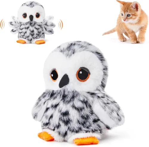 Potaroma Juguetes para gatos con forma de búho que aletea (sin volar), chirrido de pájaro realista, juguete recargable para gatitos, juguete
