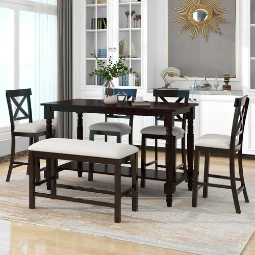 Miniatura 16 de KLMM Elegante y clásico juego de mesa de comedor de madera de 6 piezas con 4 sillas y otomana, adecuado para cocina y comedor
