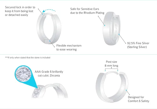 Miniatura 4 de Aretes de aro de plata de ley 925 bañados en rodio con circonita cúbica para bebé niña, Plata de ley Circonita cúbica, Circonia cúbica