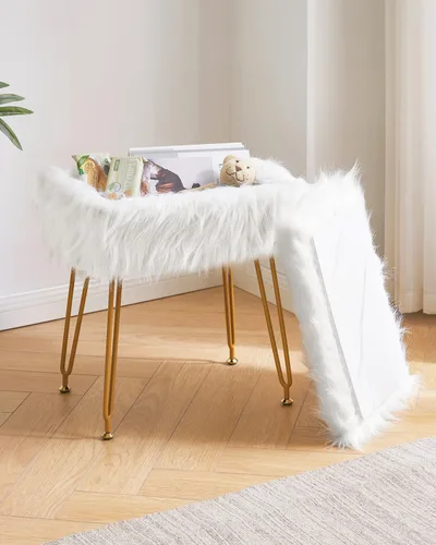 Miniatura 2 de IBUYKE Taburete rectangular de piel sintética con almacenamiento, silla de maquillaje peluda, asiento acolchado suave, reposapiés redondo con 4