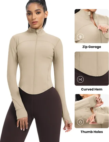 Miniatura 87 de AVGO Chaquetas de entrenamiento recortadas para mujer, con cremallera, ajustadas, atléticas, con agujeros para el pulgar