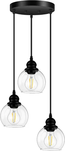 Lámpara colgante de 3 luces, lámpara de techo colgante con pantalla de vidrio transparente, color negro mate, iluminación colgante de altura
