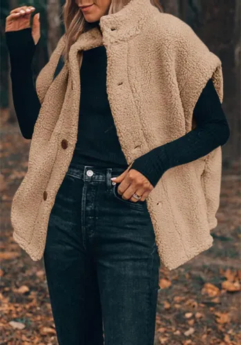 Miniatura 56 de Hongqizo - Chaleco de forro polar mullido para mujer, casual, de gran tamaño, cálido, con botones, chaqueta de sherpa con bolsillos