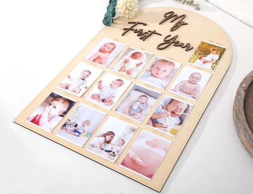 Miniatura 6 de Tablero de fotos de madera de un año, tablero de hitos del mes del primer año, decoraciones de primer cumpleaños para niña/niño, pancarta de 12 meses