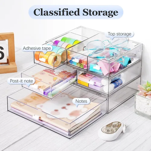 Miniatura 5 de Organizador de Escritorio Apilable de 3 Niveles con 6 Cajones, YOCOMEY Caja de Almacenamiento de Escritorio de Plástico con Cajones, Organizador